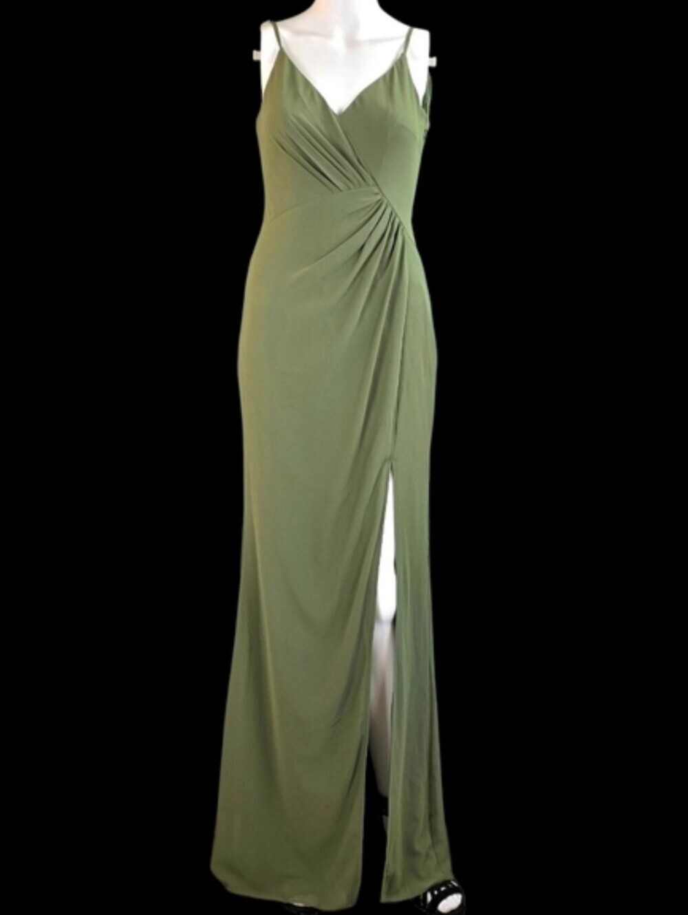 David's Bridal Chiffon Cowl Back V-neck Sheath Dress Martini Olive Color - Picture 3 of 14